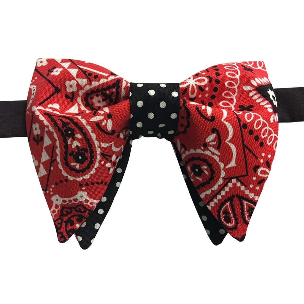 Red Paisley Bandana Bow Tie Black Polka Dot Pointed Wing Adjustable Pre-Tied